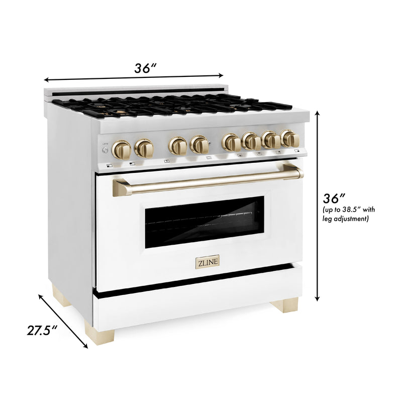 ZLINE 36 in. Autograph Edition Kitchen Package with Stainless Steel Dual Fuel Range with White Matte Door and Range Hood with Polished Gold Accents (2AKP-RAWMRH36-G)