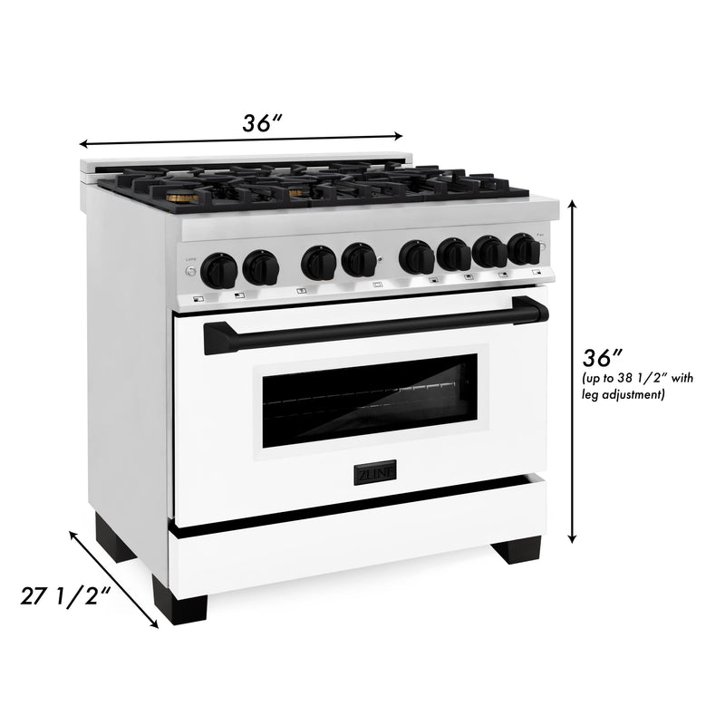 ZLINE 36 in. Autograph Edition Kitchen Package with Stainless Steel Dual Fuel Range with White Matte Door and Range Hood with Matte Black Accents (2AKP-RAWMRH36-MB)