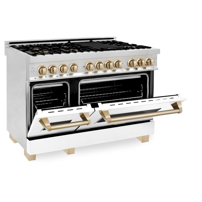 ZLINE 48 in. Autograph Edition Kitchen Package with Stainless Steel Dual Fuel Range with White Matte Door and Range Hood with Polished Gold Accents (2AKP-RAWMRH48-G)