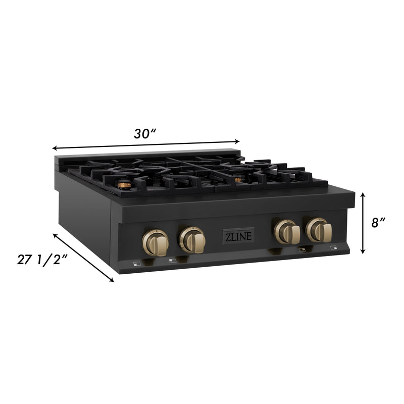 ZLINE Autograph Edition 30 in. Porcelain Rangetop with 4 Gas Burners in Black Stainless Steel and Champagne Bronze Accents (RTBZ-30-CB)