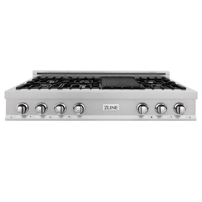 ZLINE 48 in. Porcelain Gas Stovetop in DuraSnow Stainless Steel with 7 Gas Burners and Griddle (RTS-48)