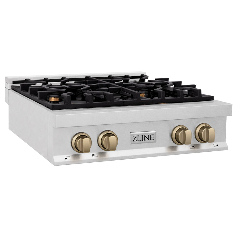 ZLINE Autograph Edition 30 in. Porcelain Rangetop with 4 Gas Burners in DuraSnow Stainless Steel with Champagne Bronze Accents (RTSZ-30-CB)