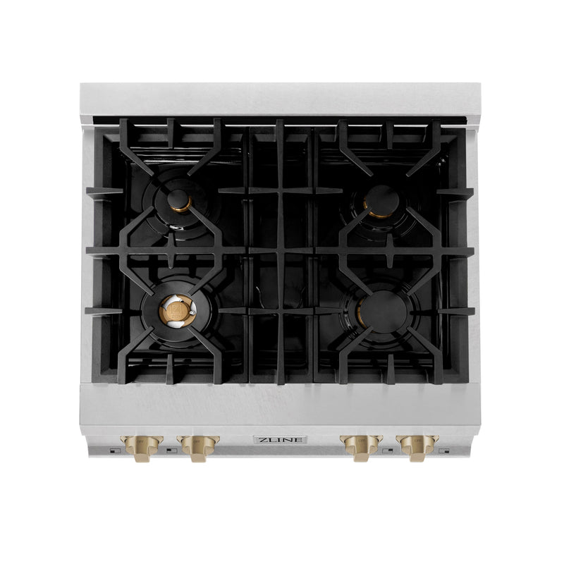 ZLINE Autograph Edition 30 in. Porcelain Rangetop with 4 Gas Burners in DuraSnow Stainless Steel with Champagne Bronze Accents (RTSZ-30-CB)