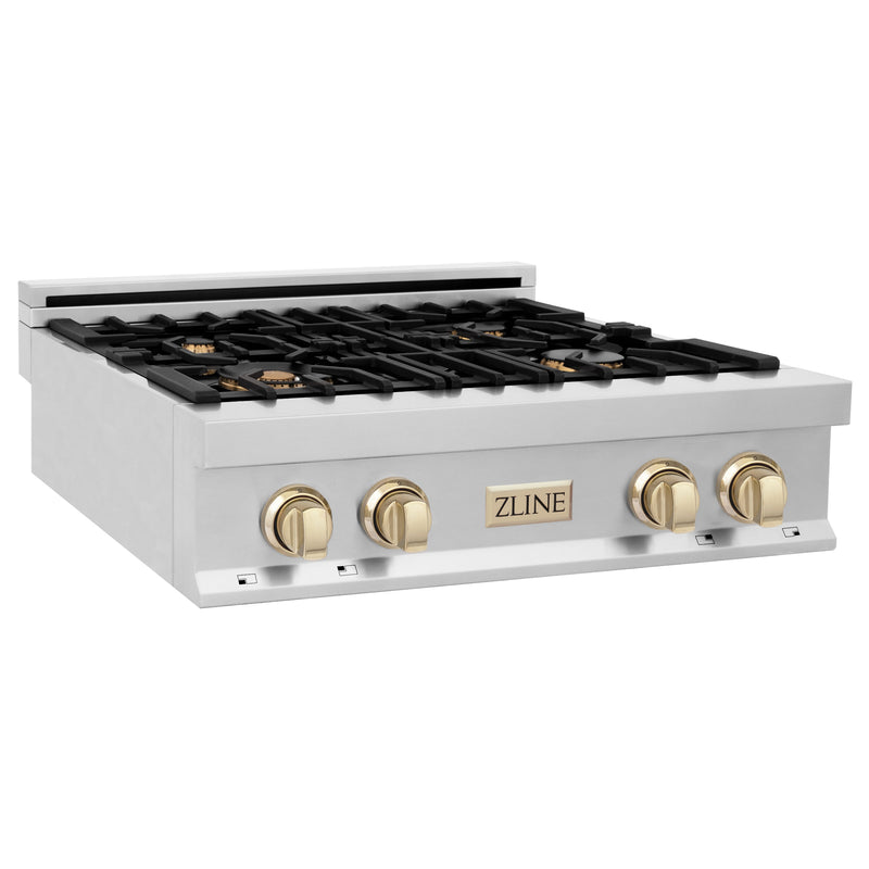 ZLINE Autograph Edition 30 in. Porcelain Rangetop with 4 Gas Burners in Stainless Steel and Polished Gold Accents (RTZ-30-G)