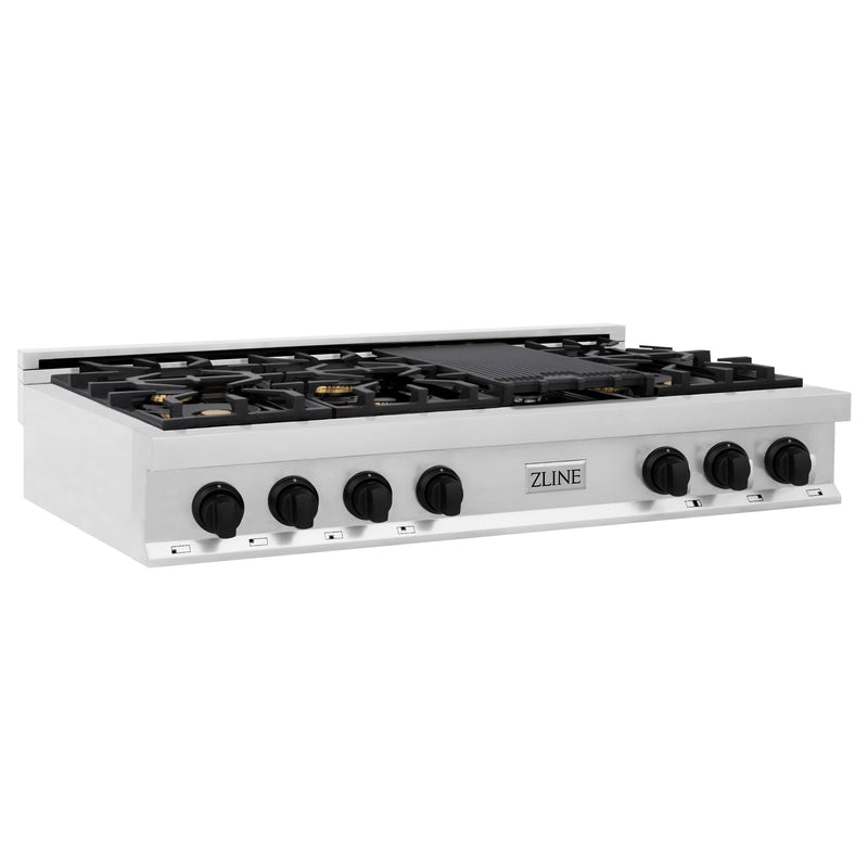 ZLINE Autograph Edition 48 in. Porcelain Rangetop with 7 Gas Burners in Stainless Steel with Matte Black Accents (RTZ-48-MB)