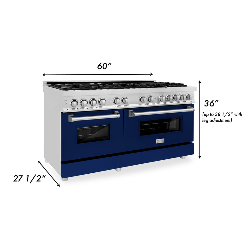 ZLINE 60 in. 7.4 cu. ft. Dual Fuel Range with Gas Stove and Electric Oven in Stainless Steel with Blue Gloss Door (RA-BG-60)