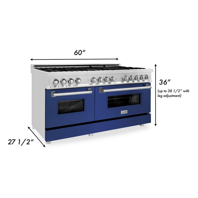 ZLINE 60 in. 7.4 cu. ft. Dual Fuel Range with Gas Stove and Electric Oven in Stainless Steel with Blue Matte (RA-BM-60)