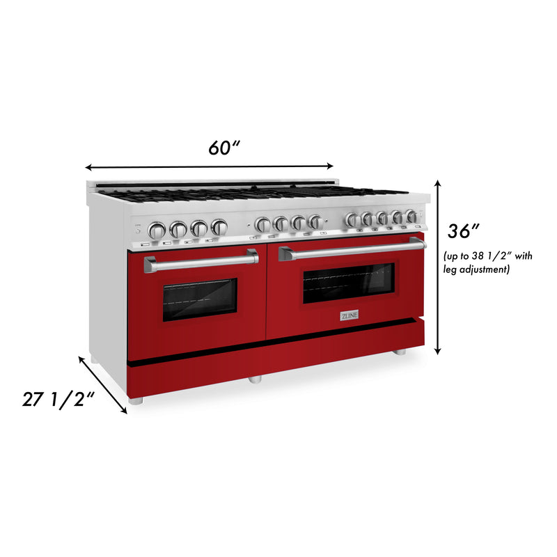 ZLINE 60 in. 7.4 cu. ft. Dual Fuel Range with Gas Stove and Electric Oven in Stainless Steel with Red Gloss Door (RA-RG-60)