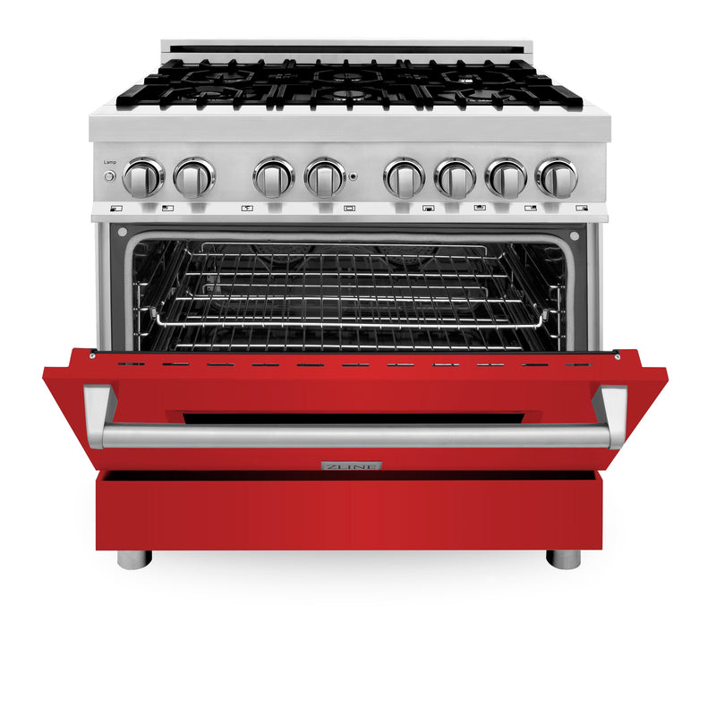 ZLINE 36 in. Dual Fuel Range with Gas Stove and Electric Oven in Stainless Steel with Red Matte Door (RA-RM-36)