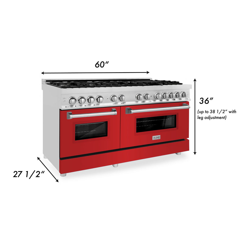 ZLINE 60 in. 7.4 cu. ft. Dual Fuel Range with Gas Stove and Electric Oven in Stainless Steel with Red Matte Door (RA-RM-60)