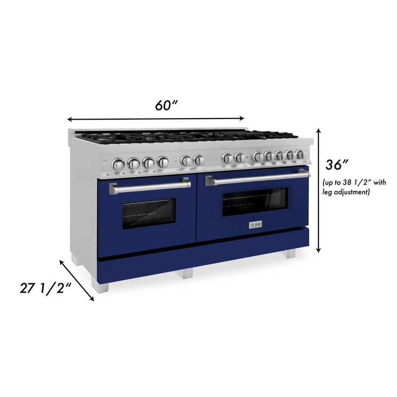 ZLINE 60 in. 7.4 cu. ft. Dual Fuel Range with Gas Stove and Electric Oven in Fingerprint Resistant Stainless Steel and Blue Gloss Door (RAS-BG-60)