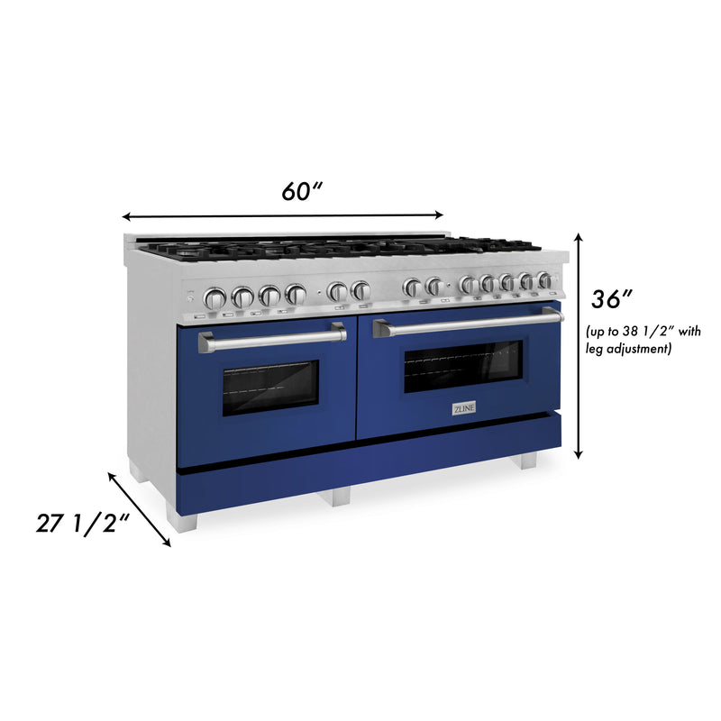 ZLINE 60 in. 7.4 cu. ft. Dual Fuel Range with Gas Stove and Electric Oven in Fingerprint Resistant Stainless Steel with Blue Matte Door (RAS-BM-60)