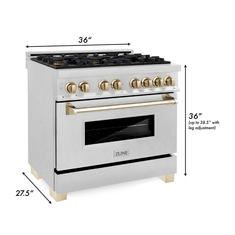 ZLINE Autograph Edition 36 in. 4.6 cu. ft. Dual Fuel Range with Gas Stove and Electric Oven in DuraSnow Stainless Steel with Polished Gold Accents (RASZ-SN-36-G)