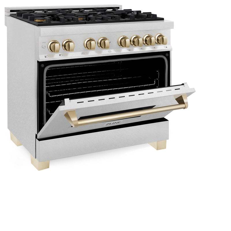 ZLINE Autograph Edition 36 in. 4.6 cu. ft. Dual Fuel Range with Gas Stove and Electric Oven in DuraSnow Stainless Steel with Polished Gold Accents (RASZ-SN-36-G)