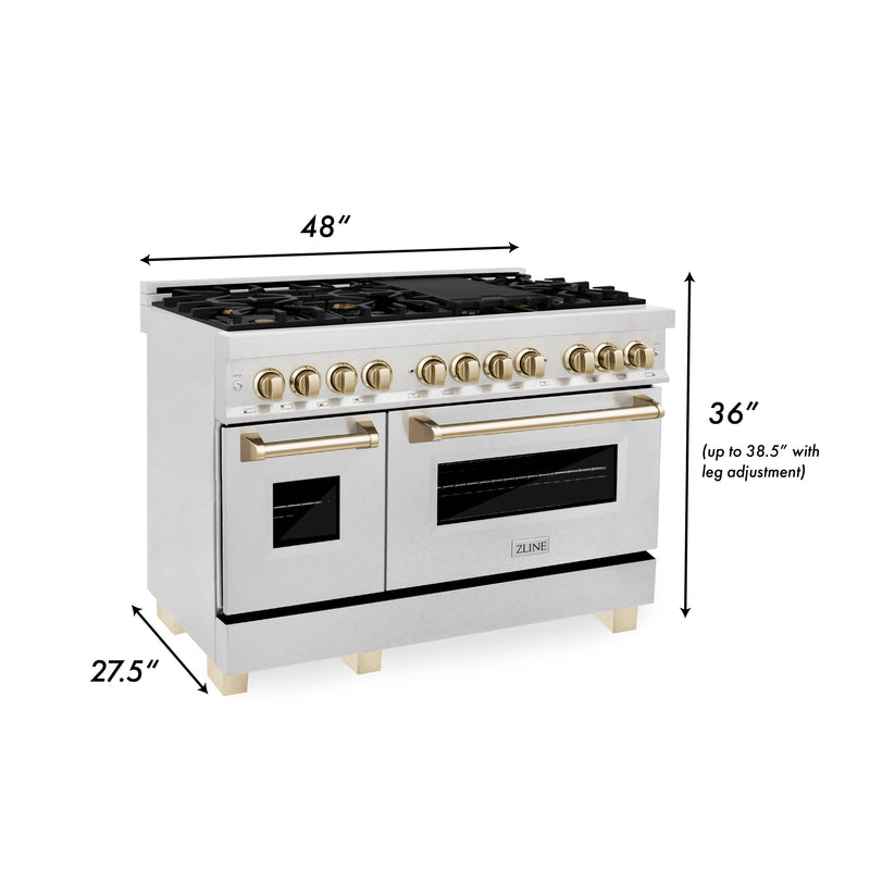 ZLINE Autograph Edition 48 in. 6.0 cu. ft. Dual Fuel Range with Gas Stove and Electric Oven in DuraSnow Stainless Steel with Polished Gold Accents (RASZ-SN-48-G)