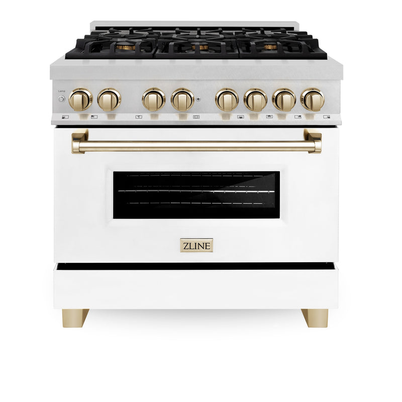 ZLINE Autograph Edition 36 in. 4.6 cu. ft. Dual Fuel Range with Gas Stove and Electric Oven in DuraSnow Stainless Steel with White Matte Door and Polished Gold Accents (RASZ-WM-36-G)