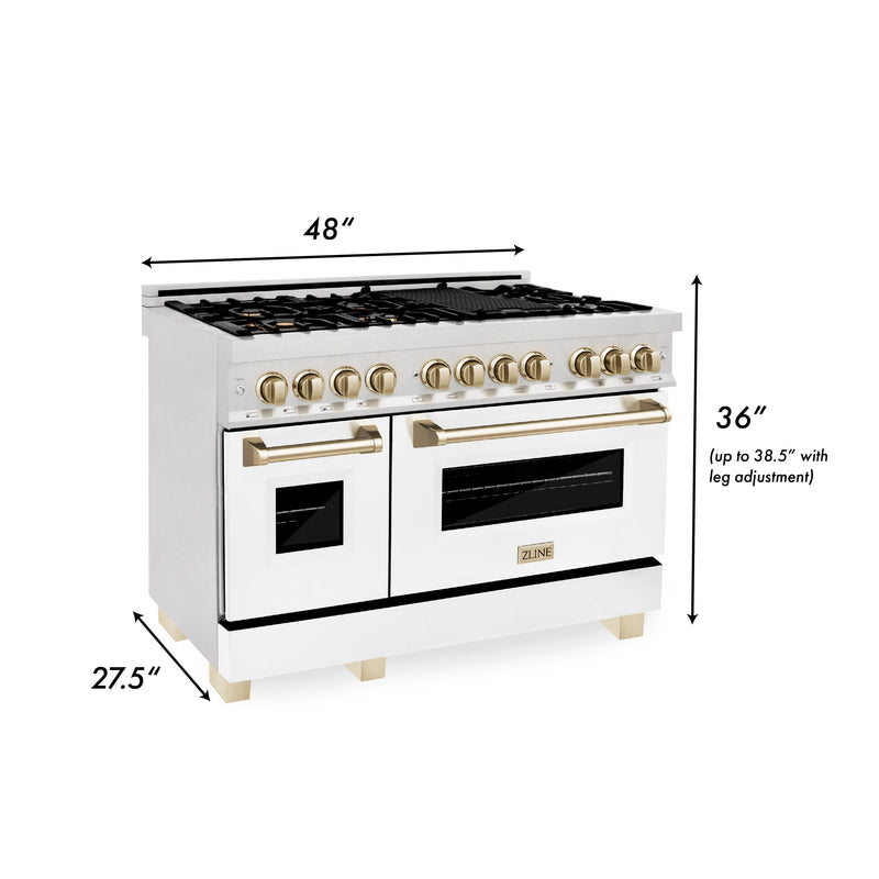 ZLINE Autograph Edition 48 in. 6.0 cu. ft. Dual Fuel Range with Gas Stove and Electric Oven in DuraSnow Stainless Steel with White Matte Door and Polished Gold Accents (RASZ-WM-48-G)