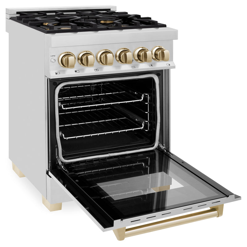 ZLINE Autograph Edition 24 in. 2.8 cu. ft. Dual Fuel Range with Gas Stove and Electric Oven in Stainless Steel with Polished Gold Accents (RAZ-24-G)