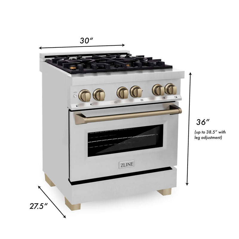 ZLINE 30 in. Autograph Edition Kitchen Package with Stainless Steel Dual Fuel Range and Range Hood with Champagne Bronze Accents (3AKP-RARHDWM30-CB)