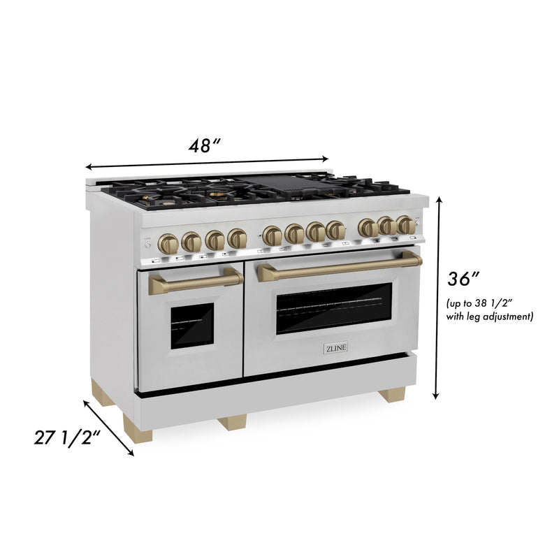 ZLINE 48 in. Autograph Edition Kitchen Package with Stainless Steel Dual Fuel Range, Range Hood and Dishwasher with Champagne Bronze Accents (3AKP-RARHDWM48-CB)