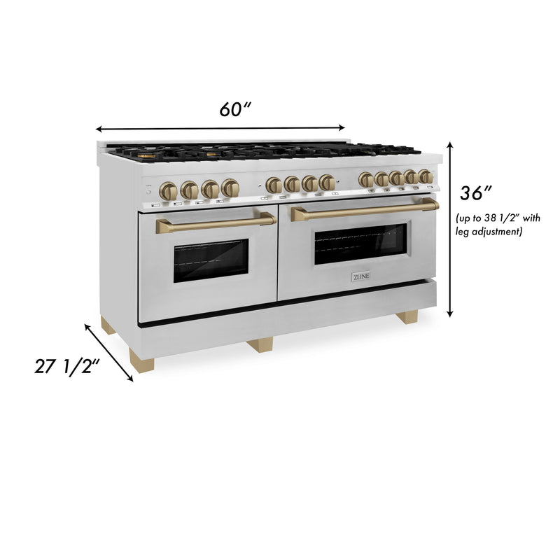 ZLINE Autograph Edition 60 in. 7.4 cu. ft. Dual Fuel Range with Gas Stove and Electric Oven in Stainless Steel with Champagne Bronze Accents (RAZ-60-CB)