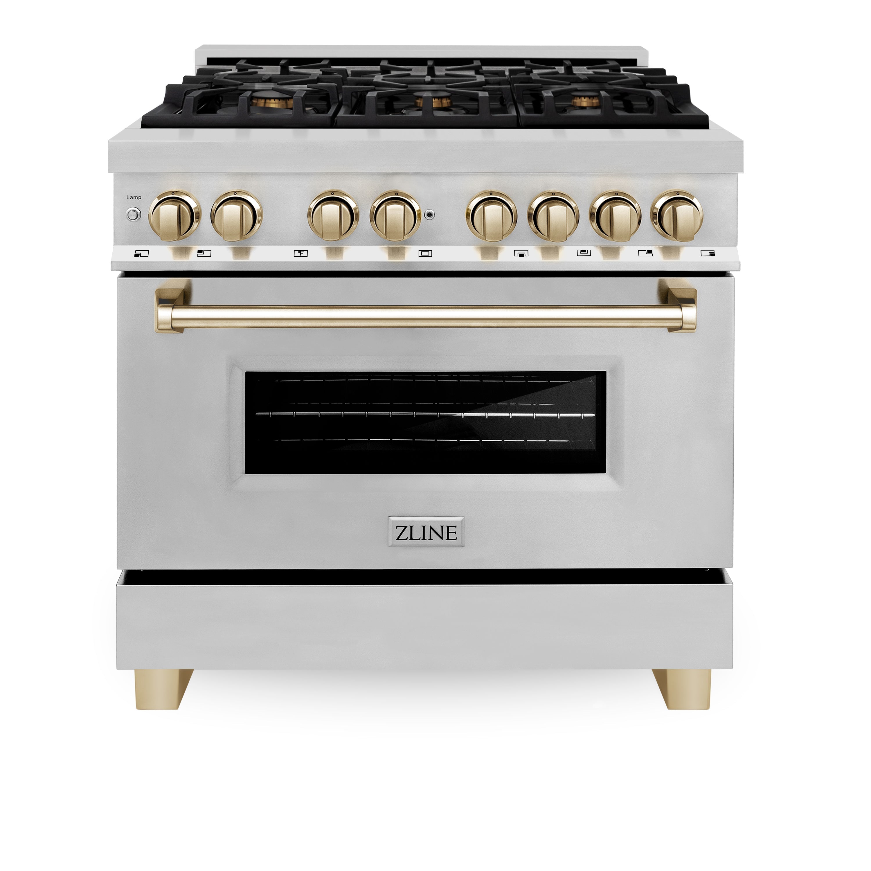 ZLINE Autograph Edition 36 in. 4.6 cu. ft. Dual Fuel Range with Gas Stove and Electric Oven in Stainless Steel with Polished Gold Accents (RAZ-36-G)