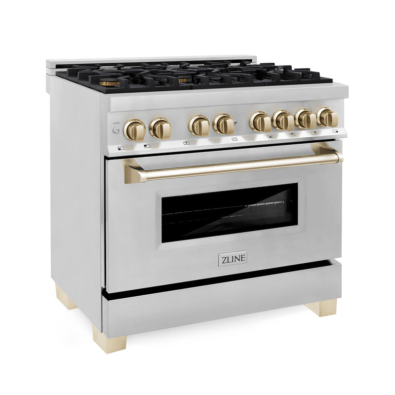 ZLINE 36 in. Autograph Edition Kitchen Package with Stainless Steel Dual Fuel Range, Range Hood and Dishwasher with Polished Gold Accents (3AKP-RARHDWM36-G)