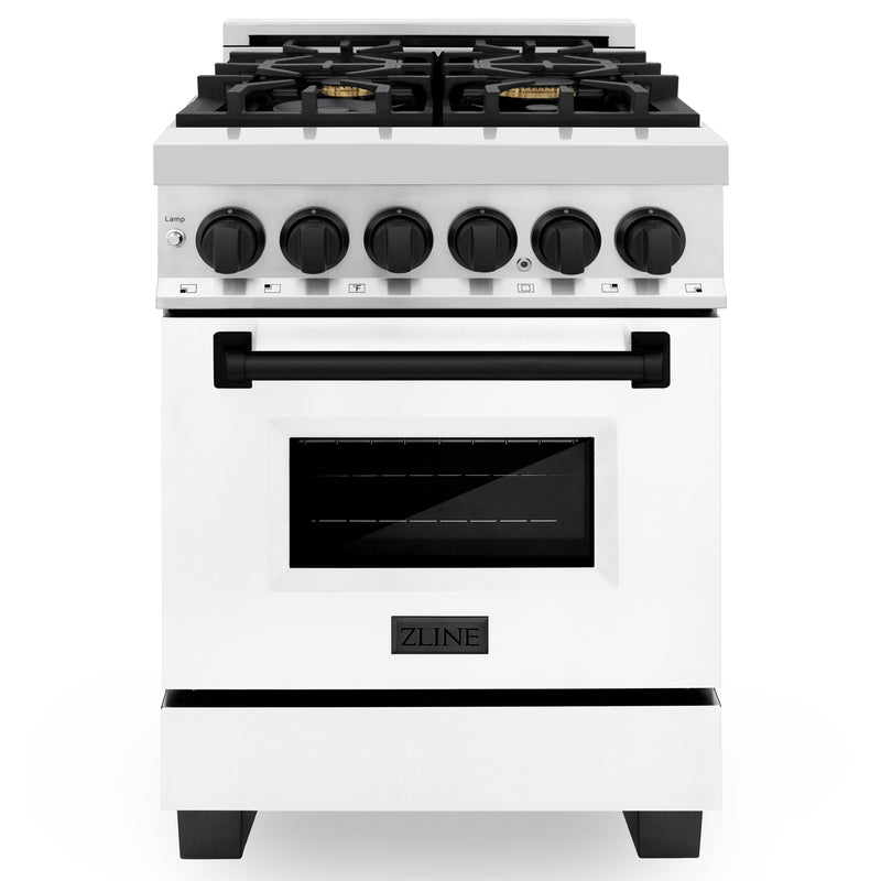 ZLINE Autograph Edition 24 in. 2.8 cu. ft. Dual Fuel Range with Gas Stove and Electric Oven in Stainless Steel with White Matte Door and Matte Black Accents (RAZ-WM-24-MB)