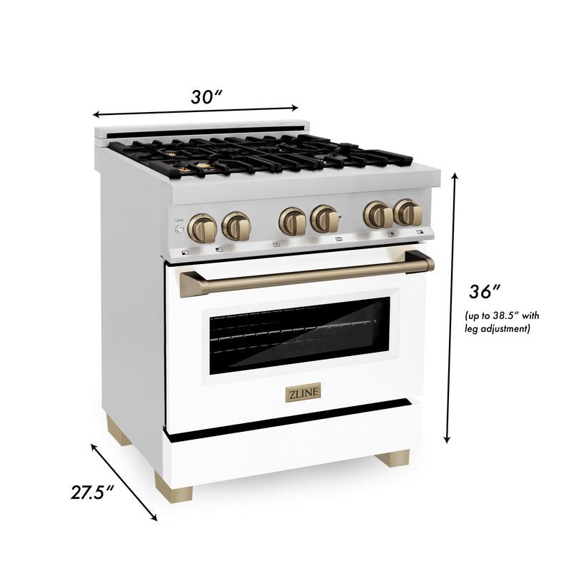 ZLINE Autograph Edition 30 in. 4.0 cu. ft. Dual Fuel Range with Gas Stove and Electric Oven in Stainless Steel with White Matte Door and Champagne Bronze Accents (RAZ-WM-30-CB)