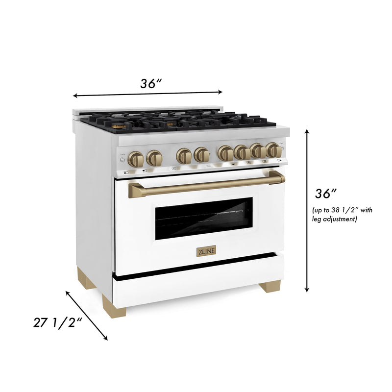 ZLINE 36 in. Autograph Edition Kitchen Package with Stainless Steel Dual Fuel Range with White Matte Door, Range Hood and Dishwasher with Champagne Bronze Accents (3AKP-RAWMRHDWM36-CB)