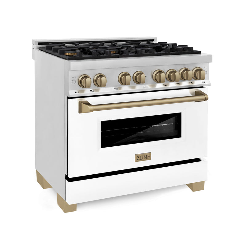 ZLINE 36 in. Autograph Edition Kitchen Package with Stainless Steel Dual Fuel Range with White Matte Door, Range Hood and Dishwasher with Champagne Bronze Accents (3AKP-RAWMRHDWM36-CB)