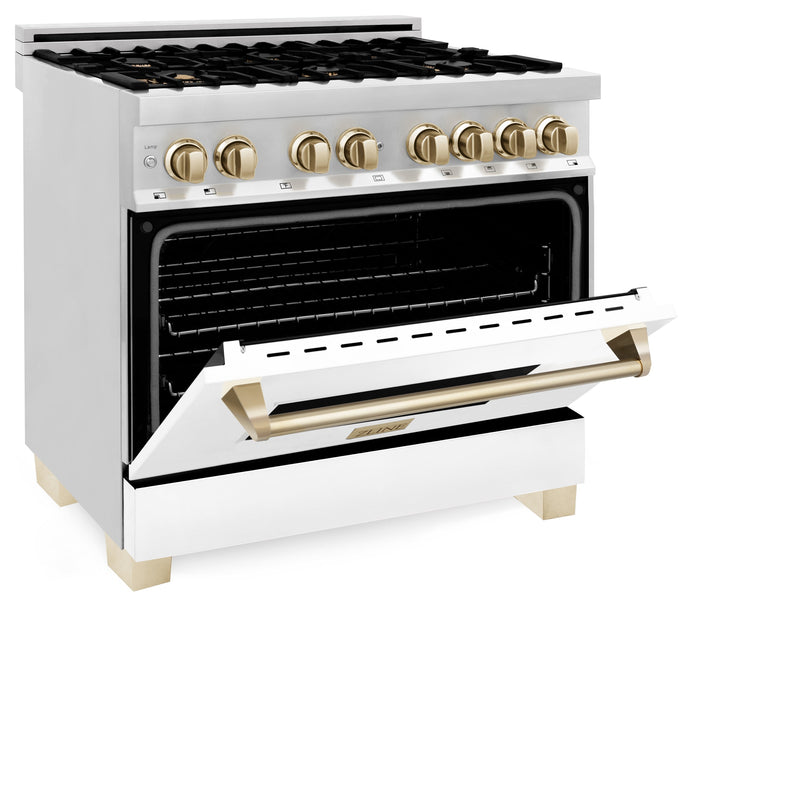 ZLINE Autograph Edition 36 in. 4.6 cu. ft. Dual Fuel Range with Gas Stove and Electric Oven in Stainless Steel with White Matte Door and Polished Gold Accents (RAZ-WM-36-G)