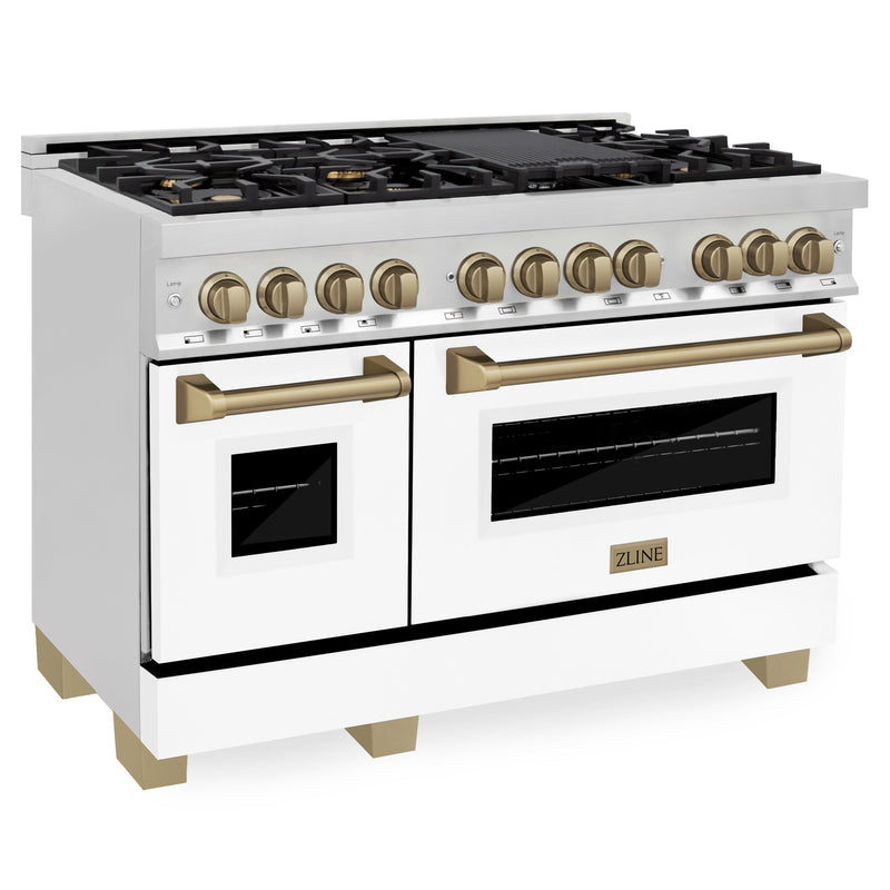 ZLINE 48 in. Autograph Edition Kitchen Package with Stainless Steel Dual Fuel Range with White Matte Door and Range Hood with Champagne Bronze Accents (2AKP-RAWMRH48-CB)