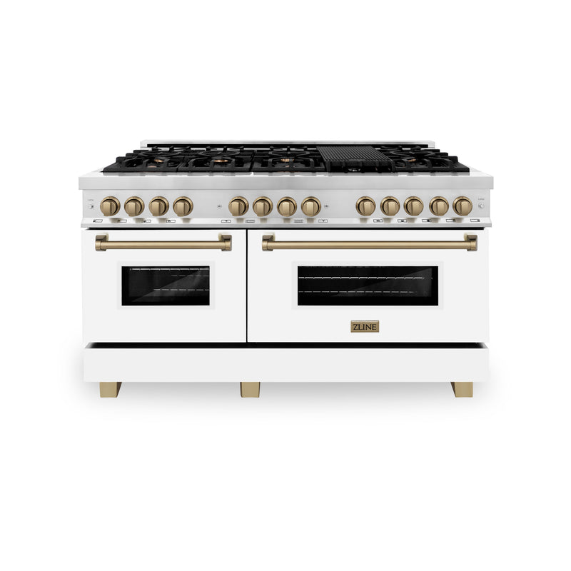 ZLINE Autograph Edition 60 in. 7.4 cu. ft. Dual Fuel Range with Gas Stove and Electric Oven in Stainless Steel with White Matte Door and Champagne Bronze Accents (RAZ-WM-60-CB)