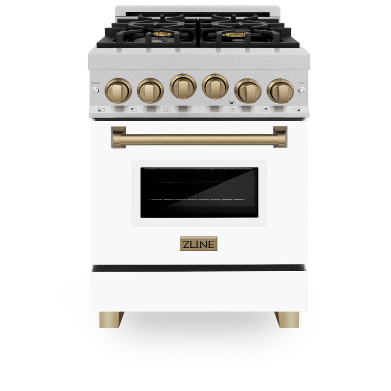 ZLINE Autograph Edition 24 in. 2.8 cu. ft. Range with Gas Stove and Gas Oven in Fingerprint Resistant Stainless Steel with White Matte Door and Champagne Bronze Accents (RGSZ-WM-24-CB)