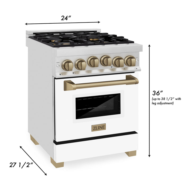 ZLINE Autograph Edition 24 in. 2.8 cu. ft. Range with Gas Stove and Gas Oven in Stainless Steel with White Matte Door and Champagne Bronze Accents (RGZ-WM-24-CB)