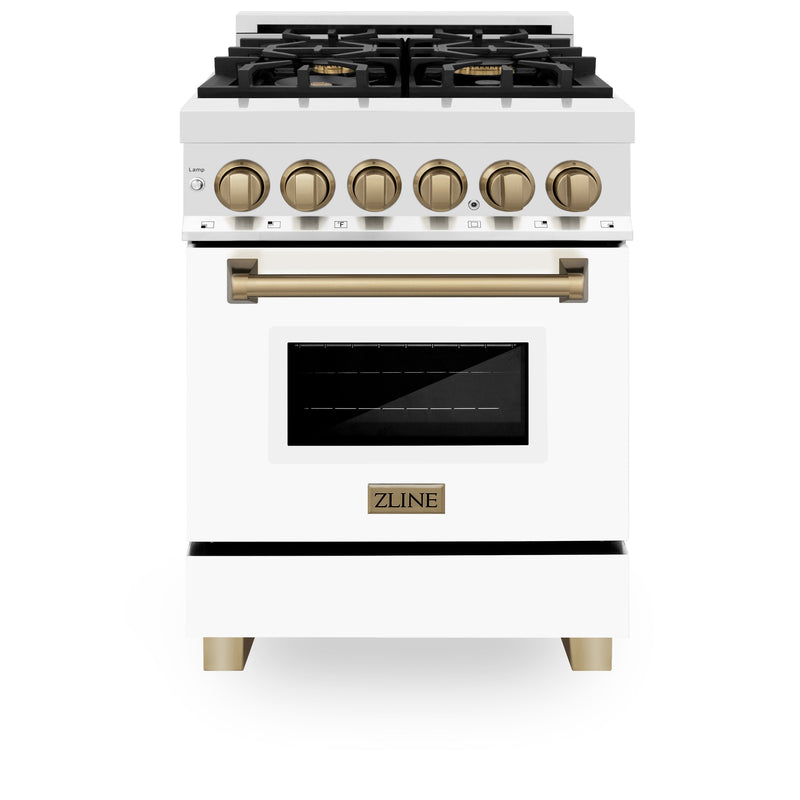 ZLINE Autograph Edition 24 in. 2.8 cu. ft. Dual Fuel Range with Gas Stove and Electric Oven in Stainless Steel with White Matte Door and Champagne Bronze Accents (RAZ-WM-24-CB)