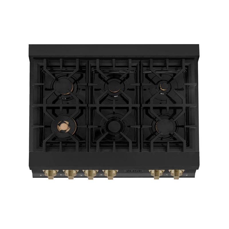 ZLINE Autograph Edition 36 in. Porcelain Rangetop with 6 Gas Burners in Black Stainless Steel and Champagne Bronze Accents (RTBZ-36-CB)