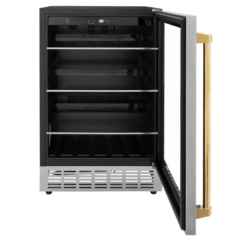 ZLINE 24 in. Monument Autograph Edition 154 Can Beverage Fridge in Stainless Steel with Polished Gold Accents (RBVZ-US-24-G)