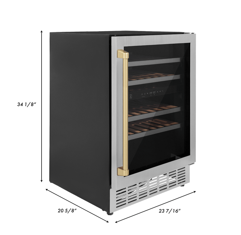 ZLINE 24 in. Monument Autograph Edition Dual Zone 44-Bottle Wine Cooler in Stainless Steel with Champagne Bronze Accents (RWVZ-UD-24-CB)