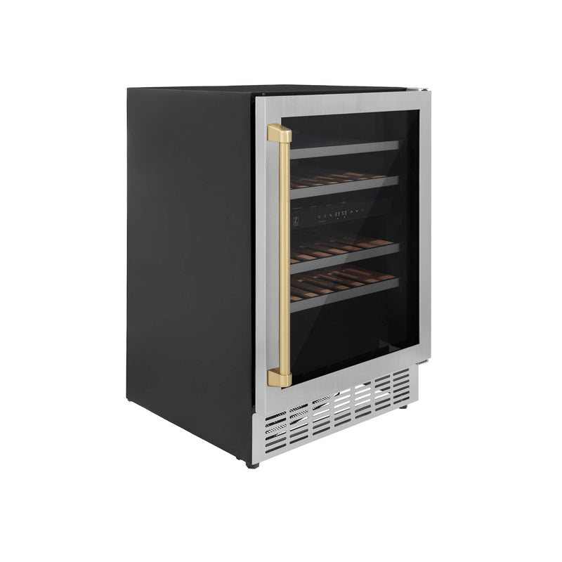 ZLINE 24 in. Monument Autograph Edition Dual Zone 44-Bottle Wine Cooler in Stainless Steel with Champagne Bronze Accents (RWVZ-UD-24-CB)