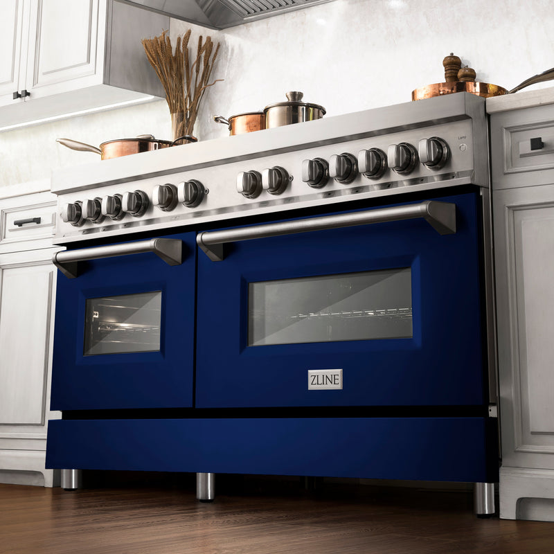 ZLINE 60 in. 7.4 cu. ft. Dual Fuel Range with Gas Stove and Electric Oven in Stainless Steel with Blue Gloss Door (RA-BG-60)