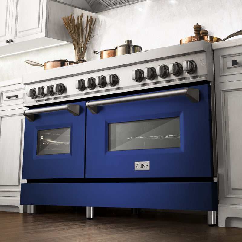 ZLINE 60 in. 7.4 cu. ft. Dual Fuel Range with Gas Stove and Electric Oven in Stainless Steel with Blue Matte (RA-BM-60)