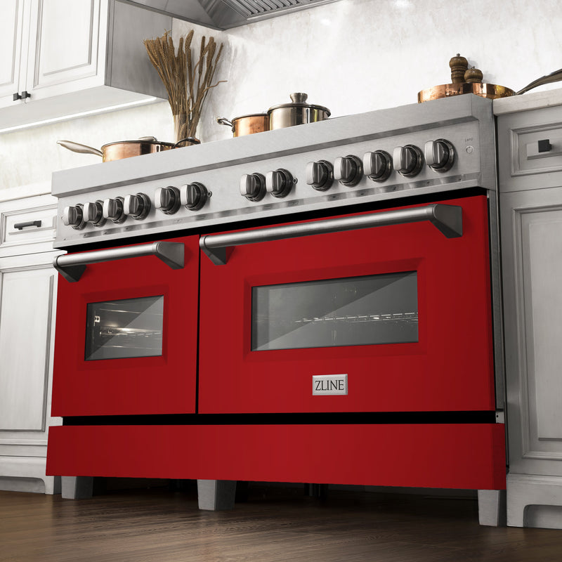 ZLINE 60 in. 7.4 cu. ft. Dual Fuel Range with Gas Stove and Electric Oven in Fingerprint Resistant Stainless Steel with Red Gloss Door (RAS-RG-60)