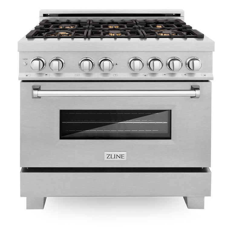 ZLINE 36 in. Professional Dual Fuel Range in Fingerprint Resistant Stainless Steel with Brass Burners (RAS-SN-BR-36)