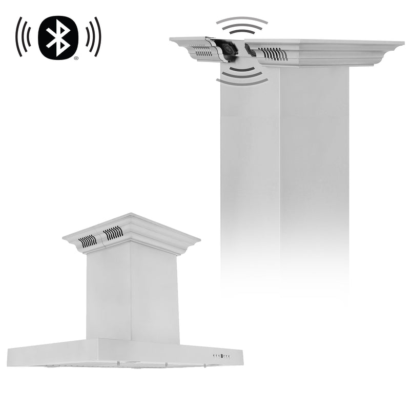 ZLINE Island Mount Range Hood in Stainless Steel with Built-in ZLINE CrownSound Bluetooth Speakers (KE2iCRN-BT)