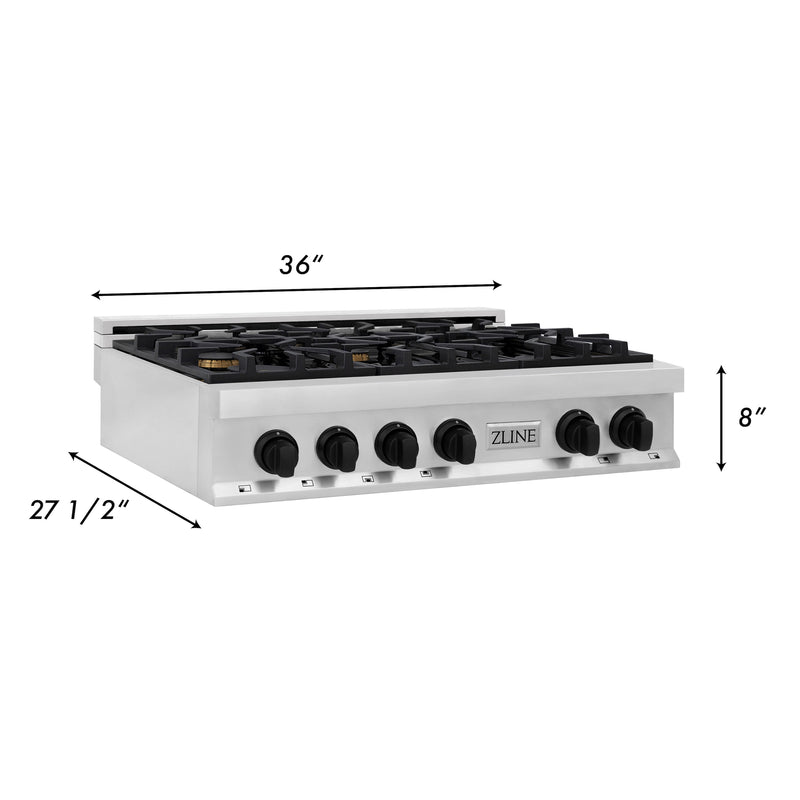 ZLINE Autograph Edition 36 in. Porcelain Rangetop with 6 Gas Burners in Stainless Steel with Matte Black Accents (RTZ-36-MB)