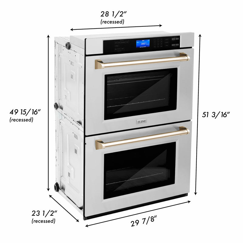 ZLINE 30 in. Autograph Edition Electric Double Wall Oven with Self Clean and True Convection in Stainless Steel and Polished Gold Accents (AWDZ-30-G)