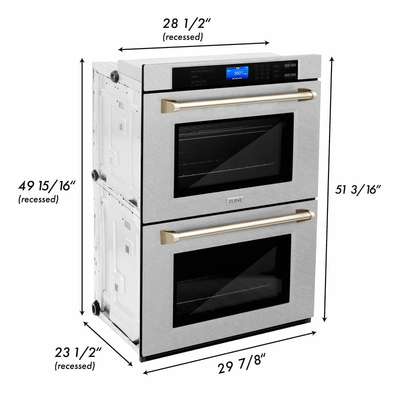 ZLINE 30 in. Autograph Edition Electric Double Wall Oven with Self Clean and True Convection in DuraSnow Stainless Steel and Polished Gold Accents (AWDSZ-30-G)