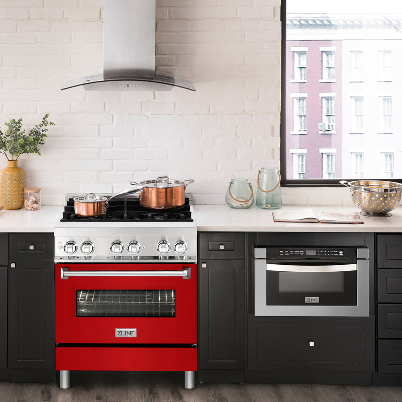 ZLINE 30 in. 4.0 cu. ft. Dual Fuel Range with Gas Stove and Electric Oven in Stainless Steel with Red Gloss Doors (RA-RG-30)